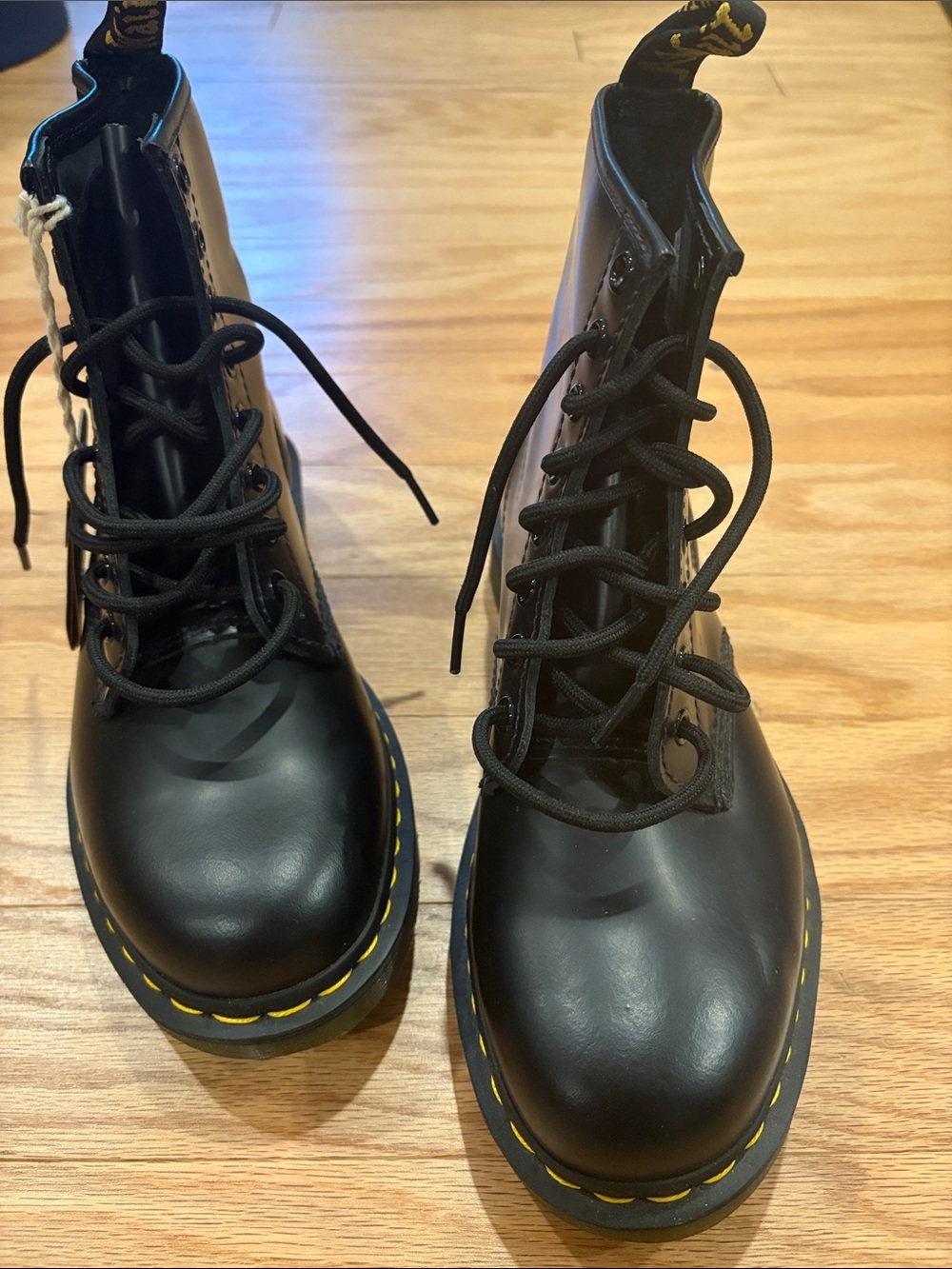 Dr. Martens Black Leather Lace-Up Boots with Yellow Stitching